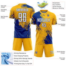 Laden Sie das Bild in den Galerie-Viewer, Custom Gold White-Royal Abstract Brush Stroke Sports Sublimation Soccer Uniform Jersey