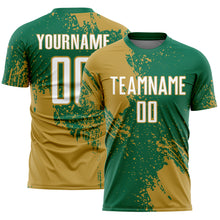 Загрузить изображение в средство просмотра галереи, Custom Kelly Green White-Old Gold Abstract Brush Stroke Sports Sublimation Soccer Uniform Jersey