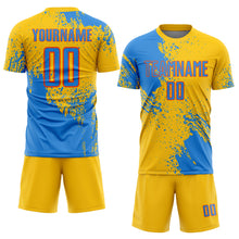 Загрузить изображение в средство просмотра галереи, Custom Yellow Powder Blue-Orange Abstract Brush Stroke Sports Sublimation Soccer Uniform Jersey