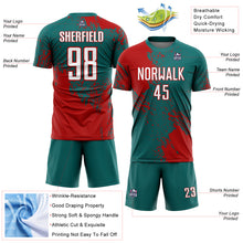 Загрузить изображение в средство просмотра галереи, Custom Teal White-Red Abstract Brush Stroke Sports Sublimation Soccer Uniform Jersey