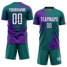 Загрузить изображение в средство просмотра галереи, Custom Teal White-Purple Abstract Brush Stroke Sports Sublimation Soccer Uniform Jersey