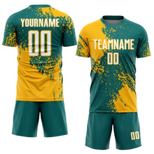 Загрузить изображение в средство просмотра галереи, Custom Teal White-Gold Abstract Brush Stroke Sports Sublimation Soccer Uniform Jersey