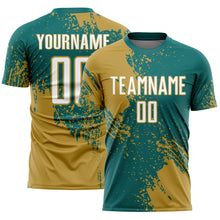 Загрузить изображение в средство просмотра галереи, Custom Teal White-Old Gold Abstract Brush Stroke Sports Sublimation Soccer Uniform Jersey