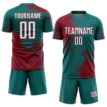 Загрузить изображение в средство просмотра галереи, Custom Teal White-Crimson Abstract Brush Stroke Sports Sublimation Soccer Uniform Jersey