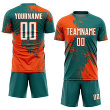 Laden Sie das Bild in den Galerie-Viewer, Custom Teal White-Orange Abstract Brush Stroke Sports Sublimation Soccer Uniform Jersey