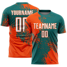 Laden Sie das Bild in den Galerie-Viewer, Custom Teal White-Orange Abstract Brush Stroke Sports Sublimation Soccer Uniform Jersey