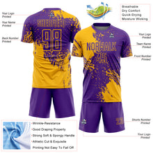 Load image into Gallery viewer, Custom Purple Gold Abstract Brush Stroke Sports Sublimation Soccer Uniform Jersey