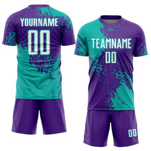 Laden Sie das Bild in den Galerie-Viewer, Custom Purple White-Aqua Abstract Brush Stroke Sports Sublimation Soccer Uniform Jersey