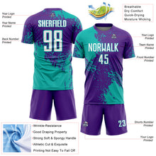Laden Sie das Bild in den Galerie-Viewer, Custom Purple White-Aqua Abstract Brush Stroke Sports Sublimation Soccer Uniform Jersey
