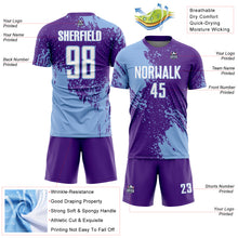Laden Sie das Bild in den Galerie-Viewer, Custom Purple White-Light Blue Abstract Brush Stroke Sports Sublimation Soccer Uniform Jersey