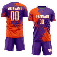 Laden Sie das Bild in den Galerie-Viewer, Custom Purple White-Orange Abstract Brush Stroke Sports Sublimation Soccer Uniform Jersey
