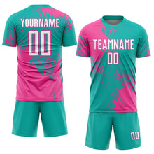 Load image into Gallery viewer, Custom Aqua White-Pink Abstract Brush Stroke Sports Sublimation Soccer Uniform Jersey