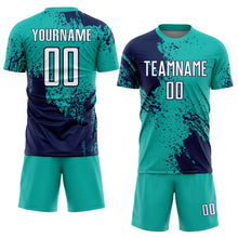 Load image into Gallery viewer, Custom Aqua White-Navy Abstract Brush Stroke Sports Sublimation Soccer Uniform Jersey