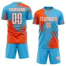 Load image into Gallery viewer, Custom Sky Blue White-Orange Abstract Brush Stroke Sports Sublimation Soccer Uniform Jersey