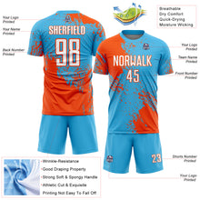Load image into Gallery viewer, Custom Sky Blue White-Orange Abstract Brush Stroke Sports Sublimation Soccer Uniform Jersey