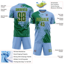 Load image into Gallery viewer, Custom Light Blue Kelly Green-Gold Abstract Brush Stroke Sports Sublimation Soccer Uniform Jersey