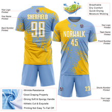 Загрузить изображение в средство просмотра галереи, Custom Light Blue White-Yellow Abstract Brush Stroke Sports Sublimation Soccer Uniform Jersey