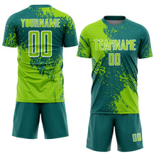 Laden Sie das Bild in den Galerie-Viewer, Custom Teal Neon Green-White Abstract Brush Stroke Sports Sublimation Soccer Uniform Jersey