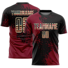 Laden Sie das Bild in den Galerie-Viewer, Custom Black Vintage USA Flag Crimson-Cream Abstract Brush Stroke Sports Sublimation Soccer Uniform Jersey