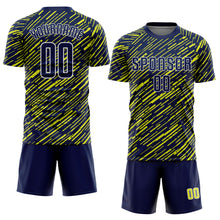Load image into Gallery viewer, Custom Navy Neon Yellow-White Line Sports Sublimation Soccer Uniform Jersey
