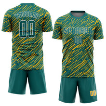 Загрузить изображение в средство просмотра галереи, Custom Teal Gold-White Line Sports Sublimation Soccer Uniform Jersey