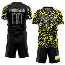 Laden Sie das Bild in den Galerie-Viewer, Custom Black Neon Yellow-White Liquid Fluid Pattern Sports Sublimation Soccer Uniform Jersey