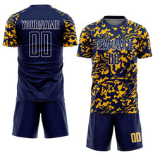 Load image into Gallery viewer, Custom Navy Gold-White Liquid Fluid Pattern Sports Sublimation Soccer Uniform Jersey