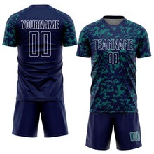 Laden Sie das Bild in den Galerie-Viewer, Custom Navy Teal-White Liquid Fluid Pattern Sports Sublimation Soccer Uniform Jersey