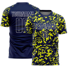 Laden Sie das Bild in den Galerie-Viewer, Custom Navy Neon Yellow-White Liquid Fluid Pattern Sports Sublimation Soccer Uniform Jersey
