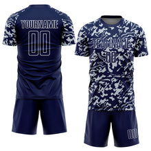 Загрузить изображение в средство просмотра галереи, Custom Navy Silver-White Liquid Fluid Pattern Sports Sublimation Soccer Uniform Jersey