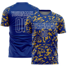 Laden Sie das Bild in den Galerie-Viewer, Custom Royal Old Gold-White Liquid Fluid Pattern Sports Sublimation Soccer Uniform Jersey