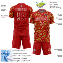 Load image into Gallery viewer, Custom Red Old Gold-White Liquid Fluid Pattern Sports Sublimation Soccer Uniform Jersey