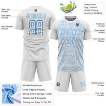 Загрузить изображение в средство просмотра галереи, Custom White Powder Blue Abstract Scribble Curve Line Pattern Sports Sublimation Soccer Uniform Jersey