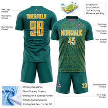 Загрузить изображение в средство просмотра галереи, Custom Teal Gold-White Abstract Scribble Curve Line Pattern Sports Sublimation Soccer Uniform Jersey