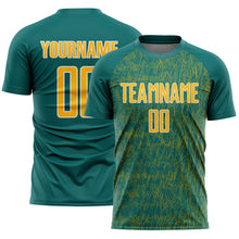 Загрузить изображение в средство просмотра галереи, Custom Teal Gold-White Abstract Scribble Curve Line Pattern Sports Sublimation Soccer Uniform Jersey