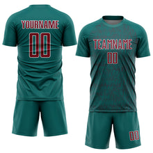 Загрузить изображение в средство просмотра галереи, Custom Teal Crimson-White Abstract Scribble Curve Line Pattern Sports Sublimation Soccer Uniform Jersey
