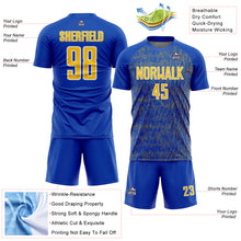 Загрузить изображение в средство просмотра галереи, Custom Thunder Blue Yellow-White Abstract Scribble Curve Line Pattern Sports Sublimation Soccer Uniform Jersey