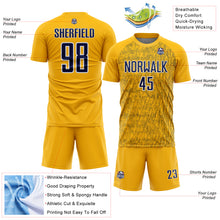 Laden Sie das Bild in den Galerie-Viewer, Custom Gold Navy-White Abstract Scribble Curve Line Pattern Sports Sublimation Soccer Uniform Jersey