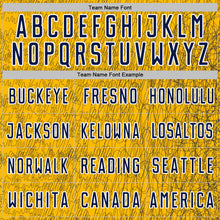 Laden Sie das Bild in den Galerie-Viewer, Custom Gold Navy-White Abstract Scribble Curve Line Pattern Sports Sublimation Soccer Uniform Jersey