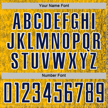 Laden Sie das Bild in den Galerie-Viewer, Custom Gold Navy-White Abstract Scribble Curve Line Pattern Sports Sublimation Soccer Uniform Jersey