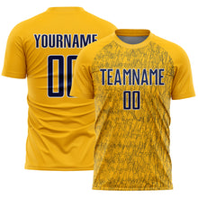 Laden Sie das Bild in den Galerie-Viewer, Custom Gold Navy-White Abstract Scribble Curve Line Pattern Sports Sublimation Soccer Uniform Jersey