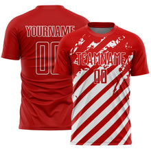 Load image into Gallery viewer, Custom Red White Distressed Diagonal Stripe Pattern Sports Sublimation Soccer Uniform Jersey
