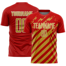 Загрузить изображение в средство просмотра галереи, Custom Red Old Gold-White Distressed Diagonal Stripe Pattern Sports Sublimation Soccer Uniform Jersey