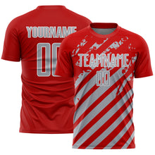 Charger l'image dans la galerie, Custom Red Gray-White Distressed Diagonal Stripe Pattern Sports Sublimation Soccer Uniform Jersey