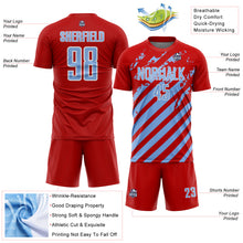 Загрузить изображение в средство просмотра галереи, Custom Red Light Blue-White Distressed Diagonal Stripe Pattern Sports Sublimation Soccer Uniform Jersey