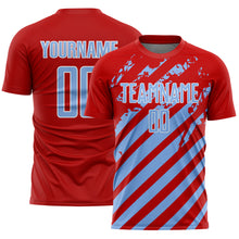 Загрузить изображение в средство просмотра галереи, Custom Red Light Blue-White Distressed Diagonal Stripe Pattern Sports Sublimation Soccer Uniform Jersey