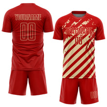 Laden Sie das Bild in den Galerie-Viewer, Custom Red Cream Distressed Diagonal Stripe Pattern Sports Sublimation Soccer Uniform Jersey