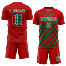 Laden Sie das Bild in den Galerie-Viewer, Custom Red Kelly Green-White Distressed Diagonal Stripe Pattern Sports Sublimation Soccer Uniform Jersey