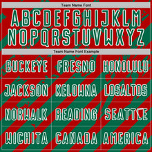 Laden Sie das Bild in den Galerie-Viewer, Custom Red Kelly Green-White Distressed Diagonal Stripe Pattern Sports Sublimation Soccer Uniform Jersey