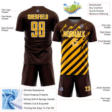 Загрузить изображение в средство просмотра галереи, Custom Brown Gold-White Distressed Diagonal Stripe Pattern Sports Sublimation Soccer Uniform Jersey